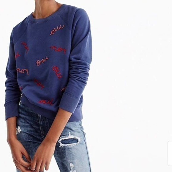 J. Crew Tops - NWT J. Crew OUI NON French Sweatshirt Small Blue Embroidered Beaded #7594